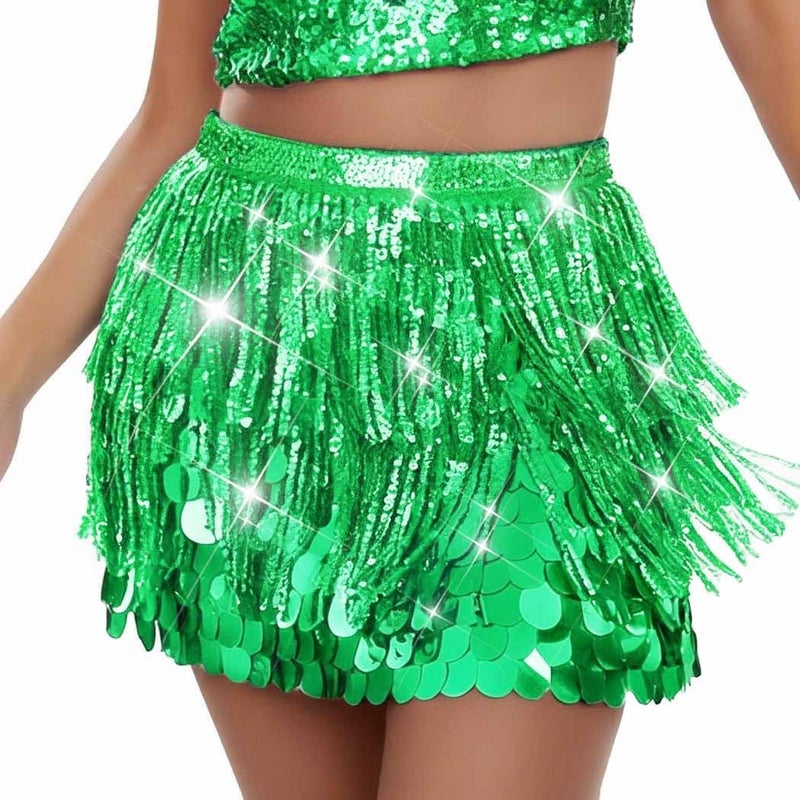 Brishow Christmas Sequin Fringe Skirt, Sparkly Tassel Belly Dance Hip Scarf Wrap Mini Skirt for Women - Image 1